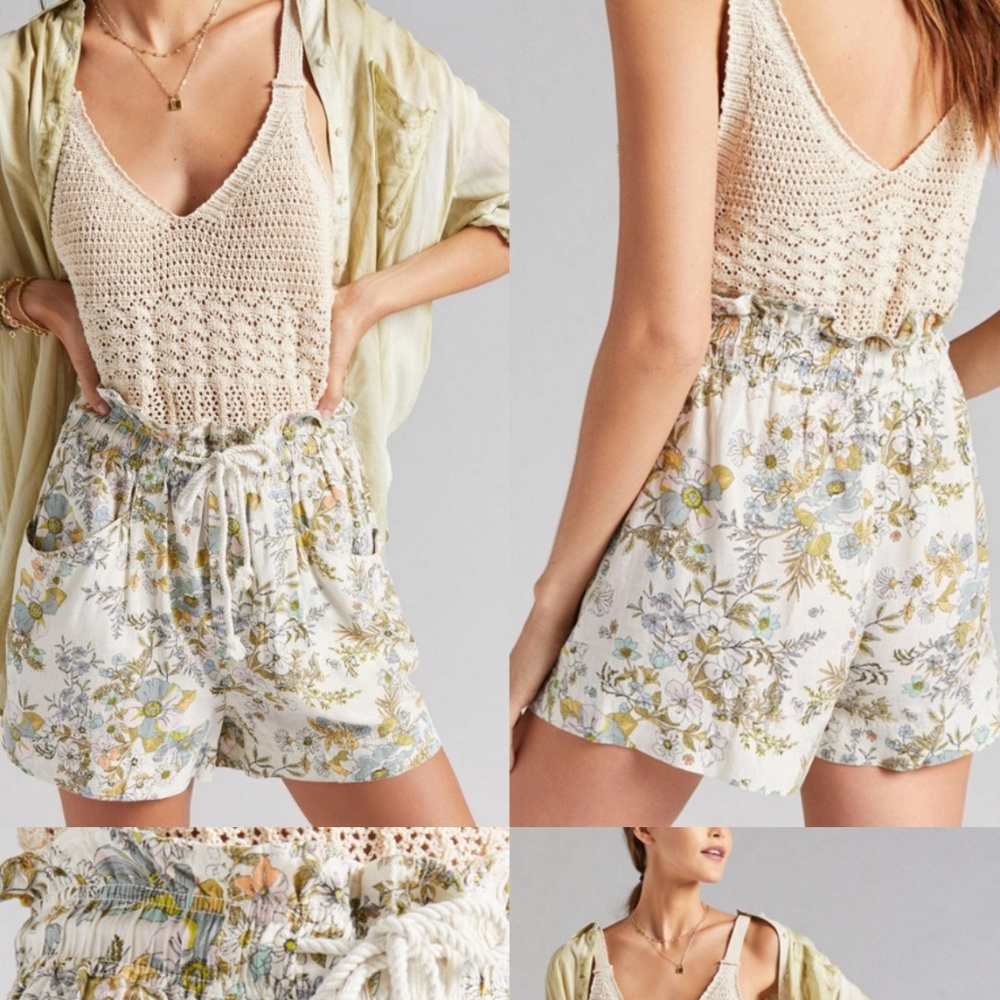 🌸 Anthropologie High-Waist Floral Paperbag Shorts • XS • Linen-Viscose Blend